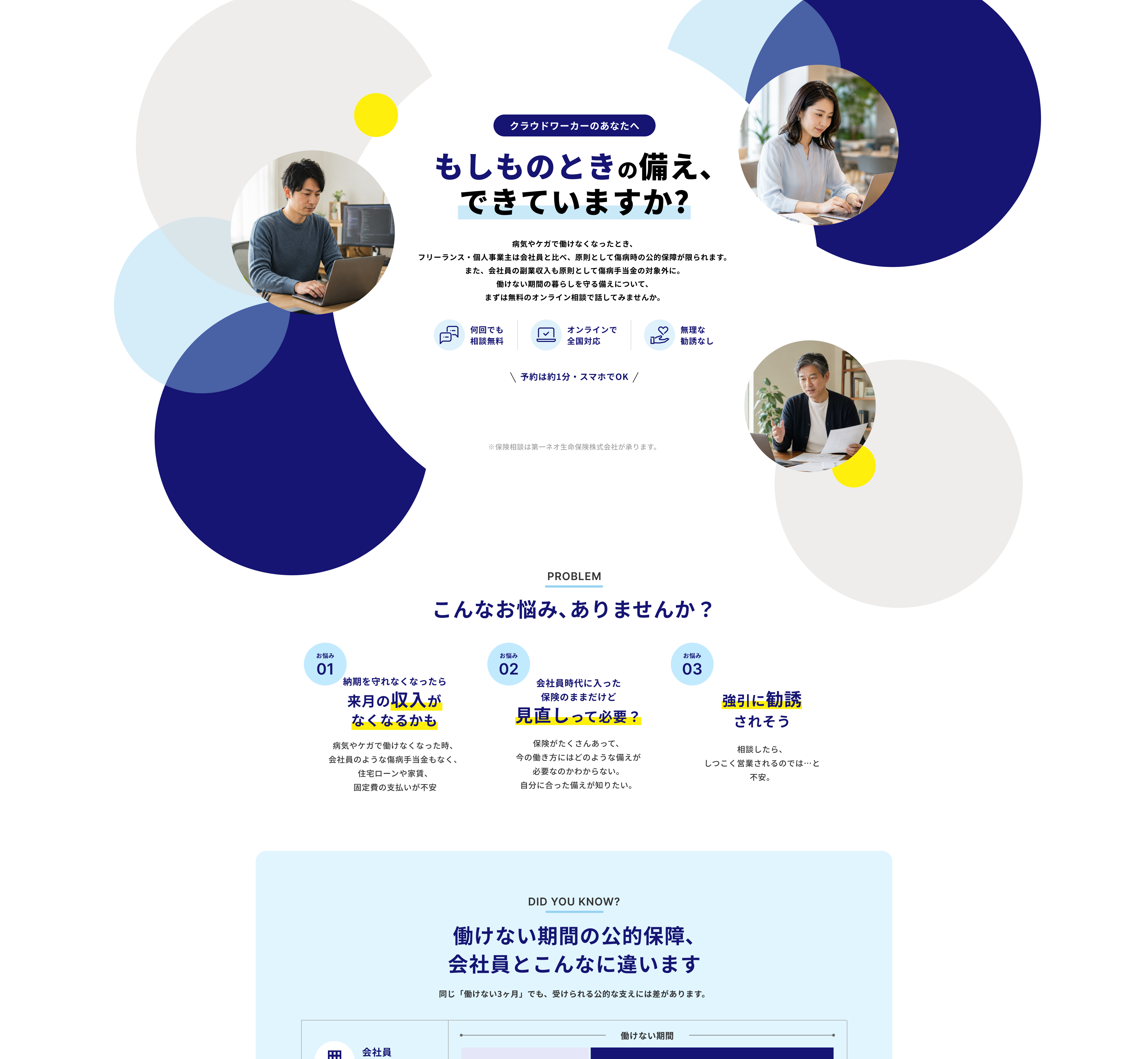 クラウドワーカーのあなたへ。もしものときの備え、できていますか？ 病気やケガで働けなくなったとき、フリーランス・個人事業主は会社員と比べ、原則として傷病時の公的保障が限られます。また、会社員の副業収入も原則として傷病手当金の対象外に。働けない期間の暮らしを守る備えについて、まずは無料のオンライン相談で話してみませんか。何回でも相談無料。オンラインで全国対応。無理な勧誘なし。予約は約1分・スマホでOK。※保険相談は第一ネオ生命保険株式会社が承ります。PROBLEM こんなお悩み、ありませんか？ お悩み01 納期を守れなくなったら来月の収入がなくなるかも。お悩み02 会社員時代に入った保険のままだけど見直しって必要？ お悩み03 強引に勧誘されそう。